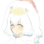  1girl blue_eyes chicken_costume close-up commentary_request eyebrows_visible_through_hair highres hood kawase_maki konno_junko looking_at_viewer short_hair signature sketch solo white_background white_hair zombie_land_saga 