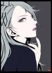  1girl chris_re5 earrings formal grey_hair highres jewelry lips lipstick long_hair looking_at_viewer makeup nail_polish niijima_sae persona persona_5 red_eyes simple_background solo suit 