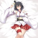  1girl bed_sheet black_hair blanket blush breasts collarbone detached_sleeves eyebrows_visible_through_hair from_above graphite_(medium) hair_between_eyes hair_ornament headgear highres japanese_clothes kantai_collection kimono looking_at_viewer lying mechanical_pencil medium_breasts no_shoes nontraditional_miko obi open_mouth pencil rappa_(rappaya) red_eyes red_skirt sash short_hair skirt solo traditional_media white_kimono wide_sleeves yamashiro_(kantai_collection) 