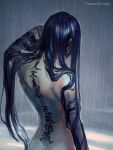  1girl black_hair commentary english_commentary facing_away from_behind highres iridescent long_hair nude original rain solo standing tattoo watermark web_address wenqing_yan wet wet_hair 