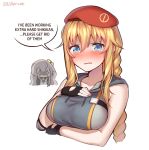  2girls beret blonde_hair blue_eyes blush breast_envy breasts crying crying_with_eyes_open danielle_brindle english girls_frontline hat highres large_breasts mg3_(girls_frontline) multiple_girls sparkling_eyes speech_bubble tears ump45_(girls_frontline) 