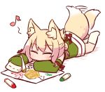  1girl afterimage animal_ears bangs blonde_hair blush chibi closed_eyes closed_mouth crayon detached_sleeves drawing eighth_note eyebrows_visible_through_hair facing_viewer fox_ears fox_girl fox_tail full_body green_shirt green_sleeves hair_bun hair_ornament holding kemomimi-chan_(naga_u) kneehighs leg_up long_sleeves lying musical_note naga_u no_shoes on_stomach original shadow shirt sidelocks sleeveless sleeveless_shirt sleeves_past_fingers sleeves_past_wrists soles solo tail tail_raised tail_wagging white_background white_legwear 