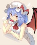  1girl adapted_costume ascot bangs bare_arms bare_shoulders bat_wings blue_hair blush bow breasts commentary_request cup dress eyebrows_visible_through_hair grey_background hair_between_eyes hand_up hat hat_bow highres holding holding_cup looking_at_viewer medium_breasts mob_cap red_bow red_eyes red_neckwear remilia_scarlet rin_falcon short_hair simple_background sleeveless sleeveless_dress solo teacup touhou upper_body white_dress white_hat wings 