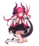  1girl absurdres arms_up between_legs black_dress blue_eyes boots breasts curled_horns dragon_girl dragon_horns dragon_tail dress elizabeth_bathory_(fate) elizabeth_bathory_(fate)_(all) fate/grand_order fate_(series) finger_to_mouth hand_to_own_mouth highres horns knee_boots kneeling kw00789 long_hair panties panty_peek pointy_ears red_panties redhead short_dress simple_background small_breasts solo tail tail_between_legs underwear white_background white_footwear wind wind_lift 