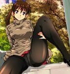  1girl bangs black_footwear black_legwear blue_ribbon brown_hair brown_jacket commentary_request crotch_seam double-breasted jacket leg_up open_mouth original outdoors panties pantyhose ponytail red_skirt ribbon sitting skirt solo spread_legs thighband_pantyhose tree underwear violet_eyes yuya 