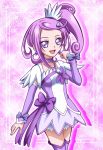  1girl :d bangs bow breasts choker cowboy_shot cure_sword detached_sleeves dokidoki!_precure earrings grey_bow grey_eyes hair_ornament hairclip hanzou high_ponytail jewelry kenzaki_makoto long_hair long_sleeves looking_at_viewer miniskirt open_mouth parted_bangs precure purple_hair purple_legwear purple_sleeves side_ponytail skirt small_breasts smile solo standing thigh-highs white_skirt 