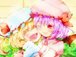  2girls bat_wings blonde_hair brooch closed_eyes closed_mouth collared_shirt crystal doanobuhii flandre_scarlet frilled_shirt_collar frills from_side happy hat hat_ribbon hug jewelry mob_cap multicolored_wings multiple_girls one_eye_closed open_mouth pink_hair pink_headwear pink_shirt pointy_ears puffy_short_sleeves puffy_sleeves red_eyes red_ribbon red_vest remilia_scarlet ribbon ribbon-trimmed_headwear ribbon_trim shirt short_sleeves siblings sisters smile teeth touhou upper_body upper_teeth_only vest white_headwear white_shirt wings 