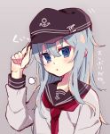  1girl anchor_symbol arm_up bangs beniko_(ymdbnk) black_hat black_sailor_collar blue_eyes blue_hair blush brown_background commentary_request eyebrows_visible_through_hair flat_cap hair_between_eyes hand_on_headwear hat head_tilt hibiki_(kantai_collection) highres kantai_collection long_hair long_sleeves parted_lips red_neckwear sailor_collar school_uniform serafuku shirt simple_background sketch solo translated very_long_hair white_shirt 