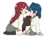  2girls :d ^_^ black_legwear blue_hair blush bow bowtie closed_eyes closed_eyes face-to-face grey_skirt hair_ornament hairclip half_updo hand_on_another&#039;s_cheek hand_on_another&#039;s_face kneehighs knees_up long_hair long_sleeves love_live! love_live!_sunshine!! miniskirt miyako_hito multiple_girls no_shoes open_mouth redhead sakurauchi_riko school_uniform seiza serafuku side_bun sitting skirt smile sweatdrop thigh-highs tsushima_yoshiko uranohoshi_school_uniform violet_eyes wavy_mouth white_background yellow_neckwear yuri 