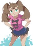  1girl breasts brown_hair closed_mouth dark-skinned_female dark_skin green_eyes highres long_hair looking_at_viewer nozumu one-hour_drawing_challenge pokemon pokemon_(game) pokemon_xy quad_tails shauna_(pokemon) shorts small_breasts solo twintails 