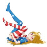  1girl american_flag_dress american_flag_legwear blonde_hair cato_(monocatienus) clownpiece commentary_request dress full_body legs_up long_hair looking_at_viewer lying neck_ruff no_hat no_headwear no_shoes on_back pantyhose pantyhose_pull red_eyes short_dress short_sleeves simple_background solo star star_print striped touhou white_background 