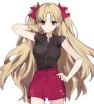  1girl black_shirt blonde_hair bow cowboy_shot dress_shirt ereshkigal_(fate/grand_order) eyebrows_visible_through_hair fate/grand_order fate_(series) hair_bow hanakeda_(hanada_shiwo) hand_in_hair hand_on_hip long_hair looking_at_viewer red_bow red_eyes red_shorts shirt short_shorts shorts simple_background sketch sleeveless sleeveless_shirt solo standing twintails very_long_hair white_background 