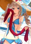  1girl arm_strap beach bikini blue_bikini blue_eyes blurry blurry_background breasts cleavage collarbone day drill_hair fate/grand_order fate_(series) floating_hair flower front-tie_bikini front-tie_top hat hat_flower hibiscus holding holding_towel jewelry long_hair looking_at_viewer marie_antoinette_(fate/grand_order) marie_antoinette_(swimsuit_caster)_(fate) medium_breasts miruto_netsuki navel necklace ocean outdoors red_towel shiny shiny_hair silver_hair solo sun_hat swimsuit towel twin_drills twintails very_long_hair white_flower yellow_hat 