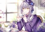  1girl bang_dream! bangs blue_flower blue_rose bouquet bow braid chair cup flower food frilled_shirt frills hair_ribbon hair_up hat hat_bow hat_flower holding holding_cup indoors lavender_hair long_hair long_sleeves looking_at_viewer macaron minato_yukina neck_ribbon nennen painting_(object) purple_bow purple_hat purple_neckwear purple_shirt ribbon rose saucer shirt sidelocks sitting smile solo striped striped_bow table teacup teapot tiered_tray window yellow_eyes 