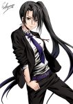  1girl artist_name belt black_hair black_jacket black_pants buckle character_name collared_shirt dress_shirt formal grey_eyes grin hand_on_thigh jacket kantai_collection long_hair looking_at_viewer nachi_(kantai_collection) necktie open_clothes open_jacket pant_suit pants purple_background purple_belt purple_neckwear sakiyamama shirt side_ponytail signature simple_background smile solo suit very_long_hair white_background white_shirt 