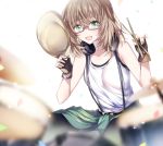  1girl :d bang_dream! bangs black_gloves blurry_foreground brown_hair brown_hat clothes_around_waist confetti crossed_bangs drum drum_set drumsticks fingerless_gloves glasses gloves green_eyes green_shirt hat hat_removed headphones headphones_around_neck headwear_removed holding holding_drumsticks holding_hat holding_instrument instrument looking_at_viewer medium_hair nennen open_mouth red-framed_eyewear semi-rimless_eyewear shirt shirt_around_waist smile solo suspenders under-rim_eyewear white_background white_shirt yamato_maya 