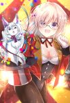  1girl :d bangs black-framed_eyewear black_leotard blurry blurry_background blush breasts brown_legwear cleavage commentary creature depth_of_field english_commentary epaulettes eyebrows_visible_through_hair eyes_visible_through_hair fate/grand_order fate_(series) fou_(fate/grand_order) glasses gloves hair_over_one_eye hand_up hat hat_removed headwear_removed highres iroha_(shiki) jacket leotard long_sleeves looking_at_viewer mash_kyrielight medium_breasts neck_ribbon open_clothes open_jacket open_mouth pantyhose pink_hair red_jacket red_ribbon ribbon smile strapless strapless_leotard streamers striped top_hat vertical-striped_hat vertical_stripes violet_eyes white_gloves 