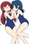  2girls blue_hair blue_swimsuit blush clenched_hands closed_eyes hair_ornament hairclip half_updo hands_up long_hair love_live! love_live!_sunshine!! lying miyako_hito multiple_girls on_side one-piece_swimsuit redhead sakurauchi_riko school_swimsuit side_bun sleeping smile swimsuit tsushima_yoshiko white_background yuri 