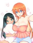  2girls :d alternate_costume alternate_hairstyle arm_at_side armpits bare_arms bare_shoulders bed black_hair blue_eyes blue_shorts blush breasts charlotte_e_yeager cleavage dark_skin erect_nipples eyebrows_visible_through_hair fang female francesca_lucchini green_eyes hair_between_eyes hair_down happy head_tilt heart highres huge_breasts indian_style large_breasts long_hair looking_at_viewer multiple_girls neck on_bed open_mouth orange_hair pillow pillow_hug pink_tubetop rascal_(n119) round_teeth short_shorts shorts sitting smile strapless strike_witches teeth tubetop upper_teeth world_witches_series 