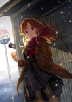  1girl absurdres black_skirt brown_eyes brown_hair brown_jacket brown_legwear bus_stop can day hand_in_pocket highres jacket long_hair looking_at_viewer original outdoors pantyhose red_scarf scarf school_uniform skirt snowing solo standing white_sky wool103 