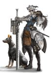  1girl animal armor armored_skirt baton belt black_footwear black_legwear brown_eyes brown_hair commentary dog english_commentary gauntlets gun helmet highres kyoung_hwan_kim long_hair original pouch shoulder_armor solo standing sword weapon white_background 