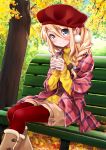  autumn_leaves bench black_tea blue_eyes blush boots braid brown_footwear can dating hair_between_eyes hair_ornament hair_over_shoulder hat holding holding_can kawanobe leaf maple_leaf on_bench original plaid_jacket red_hat red_legwear shorts sidelocks sitting smile sweater tea tree yellow_sweater 