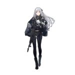  1girl ak-12_(girls_frontline) ankle_boots assault_rifle bag bangs belt black_footwear black_gloves black_jacket black_pants boots braid breasts brown_background collar copyright_name duoyuanjun facing_viewer french_braid full_body girls_frontline gloves gradient gradient_background gun jacket jacket_on_shoulders long_hair long_sleeves looking_at_viewer medium_breasts official_art open_clothes open_jacket open_mouth pale_skin pants rifle shadow simple_background smile straight_hair underbust violet_eyes walking weapon white_hair 