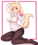  1girl animal_ears arm_up blonde_hair blush breasts cat_ears cat_tail commentary english_commentary eyebrows_visible_through_hair fast-runner-2024 hair_bobbles hair_ornament highres large_breasts long_hair looking_at_viewer original panties panties_under_pantyhose pantyhose red_eyes ribbed_sweater simple_background slit_pupils solo sweater tail tiffy turtleneck turtleneck_sweater tying_hair underwear white_background 
