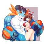 1boy 1girl abs ass biceps bikini blue_eyes breasts brown_hair cleavage creatures_(company) furry game_freak gen_3_pokemon haruka_(pokemon) highres kenron_toqueen large_breasts leaning_forward licking_lips mega_pokemon muscle navel nintendo orange_eyes pectorals pokemon pokemon_(creature) pokemon_(game) pokemon_oras red_bikini side-tie_bikini sideboob smile stomach swampert swimsuit tongue tongue_out wet 