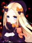  1girl abigail_williams_(fate/grand_order) bangs black_bow black_dress black_hat blonde_hair blue_eyes blush bow bubble bug butterfly commentary_request dress eyebrows_visible_through_hair fate/grand_order fate_(series) forehead hair_bow hand_up hat highres insect letterboxed long_hair long_sleeves looking_at_viewer object_hug orange_bow parted_bangs parted_lips polka_dot polka_dot_bow rishou_(awayukiseyana) sleeves_past_fingers sleeves_past_wrists solo stuffed_animal stuffed_toy teddy_bear twitter_username very_long_hair 