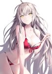  1girl ahoge all_fours bangs blush bra bra_tug breasts cleavage eyebrows_visible_through_hair fate/grand_order fate_(series) highres jeanne_d&#039;arc_(alter)_(fate) jeanne_d&#039;arc_(fate)_(all) large_breasts lingerie long_hair looking_at_viewer messy_hair navel open_mouth panties red_bra red_panties rin_yuu sidelocks silver_hair simple_background smile solo stomach tsurime underwear underwear_only white_background yellow_eyes 