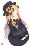  1girl abigail_williams_(fate/grand_order) bangs black_bow black_dress black_hat blonde_hair blue_eyes bow dress fate/grand_order fate_(series) goemon1110 hair_bow hat highres long_dress long_hair looking_at_viewer orange_bow parted_bangs simple_background sleeves_past_wrists solo standing striped vertical-striped_dress vertical_stripes very_long_hair white_background 