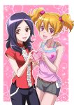  2girls :d bangs belt black_pants blonde_hair breasts brown_eyes cleavage collarbone cowboy_shot eyebrows_visible_through_hair fresh_precure! grey_shorts hair_between_eyes hair_ornament hair_scrunchie hand_on_another&#039;s_hip hand_on_another&#039;s_shoulder hanzou heart heart_hands heart_hands_duo heart_print higashi_setsuna long_hair looking_at_viewer medium_breasts momozono_love multiple_girls open_mouth pants parted_bangs pink_scrunchie pink_shirt precure print_shirt red_eyes red_shirt scrunchie shiny shiny_hair shirt short_shorts short_twintails shorts sleeveless sleeveless_shirt smile standing twintails 