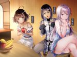  1boy 2girls :o ahoge apple banana bare_shoulders black_gloves breasts brown_hair bruise character_request chin_rest cleavage collarbone copyright_request counter fingerless_gloves food frown fruit gloves hair_ribbon highres holding holding_fruit indoors injury knee_up legs_crossed long_hair maumen medium_breasts multicolored_hair multiple_girls official_art panties pants pantyshot pantyshot_(sitting) red_ribbon ribbon short_hair sitting small_breasts smile stool streaked_hair underwear white_hair 