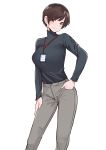  1girl arm_at_side breasts brown_eyes brown_hair earrings grey_pants hand_in_pocket highres id_card jewelry lanyard large_breasts looking_at_viewer norman_maggot office_lady ol-chan_(norman_maggot) pants short_hair simple_background smile solo standing stud_earrings turtleneck white_background 
