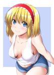  1girl alice_margatroid alternate_costume bangs bare_arms blonde_hair blue_background blue_eyes blush breasts breasts_apart closed_mouth collarbone commentary_request cowboy_shot eyebrows_visible_through_hair hairband highres lips looking_at_viewer medium_breasts midriff_peek navel no_bra nori_tamago short_shorts shorts solo tank_top touhou two-tone_background white_background 