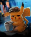  1other blush_stickers brown_eyes coffee commentary creature creatures_(company) cup detective_pikachu detective_pikachu_(movie) english_commentary foxeaf full_body game_freak gen_1_pokemon hat holding holding_cup mouse mug nintendo no_humans open_mouth pikachu pokemon pokemon_(creature) realistic solo warner_bros 