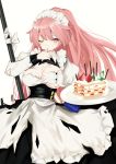  1girl alternate_costume anti-materiel_rifle apron bangs black_ribbon blush breasts buckle buttons cake cream cream_on_face damaged eyebrows_visible_through_hair finger_licking food food_on_face girls_frontline gun heart highres holding holding_plate large_breasts leg_up licking lifted_by_self long_hair looking_at_viewer maid maid_headdress naruwe neck_ribbon ntw-20 ntw-20_(girls_frontline) one_eye_closed open_mouth pantyhose pink_eyes pink_hair plate pocky ponytail puffy_short_sleeves puffy_sleeves ribbon rifle scope short_sleeves sidelocks skirt skirt_lift slit_pupils sniper_rifle solo symbol-shaped_pupils tassel torn_clothes very_long_hair weapon white_legwear 
