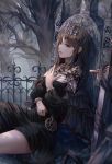  1girl against_tombstone black_dress black_eyes brown_hair cowboy_shot crying crying_with_eyes_open diadem dress graveyard hiera12 long_hair original outdoors short_dress sitting solo sword tears tombstone tree weapon 