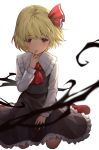  1girl ascot bangs black_skirt blonde_hair eyebrows_visible_through_hair finger_to_mouth frilled_skirt frills full_body kneeling lazuri7 long_sleeves looking_at_viewer red_eyes red_footwear red_neckwear rumia short_hair simple_background skirt smile solo touhou white_background white_sleeves 