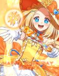  1girl blonde_hair blue_eyes bow breasts cowboy_shot eyebrows_visible_through_hair fatal_twelve flower gem gloves hair_ornament hat heart heart_hair_ornament highres holding holding_staff magical_girl matsusatoru_kouji open_mouth orange_bow puffy_short_sleeves puffy_sleeves short_hair short_sleeves small_breasts smile sofiya_priessnitz_alexeievna solo staff star star-shaped_pupils symbol-shaped_pupils white_gloves x_hair_ornament 