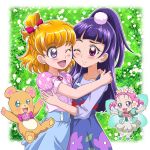  3girls ;) ;d asahina_mirai bangs blonde_hair blue_dress blue_skirt blunt_bangs bow butterfly_wings collarbone dress dress_shirt eyebrows_visible_through_hair ha-chan_(mahou_girls_precure!) hair_bow hair_ornament hanzou high_ponytail hug izayoi_liko long_hair mahou_girls_precure! miniskirt mofurun_(mahou_girls_precure!) multiple_girls neck_ribbon one_eye_closed open_mouth pink_bow pink_shirt precure print_dress purple_hair red_eyes red_ribbon ribbon shiny shiny_hair shirt short_hair short_sleeves skirt smile standing stuffed_animal stuffed_toy teddy_bear violet_eyes wings 