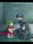  1boy 1girl al_sy blue_eyes blue_hair bracelet cape chiki circlet dress falchion_(fire_emblem) fire_emblem fire_emblem:_mystery_of_the_emblem gloves green_eyes green_hair jewelry long_hair mamkute marth nintendo pink_dress pink_legwear pointy_ears ponytail short_dress short_hair smile tiara 