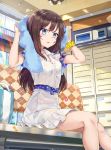  1girl arms_up bag bangs bench blue_bow blue_eyes blue_sky blush bow breasts brown_hair clouds cloudy_sky collared_shirt commentary day dress_shirt drying drying_hair eyebrows_visible_through_hair hair_between_eyes highres indoors long_hair looking_at_viewer mosta_(lo1777789) on_bench original parted_lips plaid shirt short_sleeves sitting skirt sky small_breasts solo sparkle sunlight symbol_commentary towel very_long_hair wet wet_clothes wet_shirt wet_skirt white_shirt white_skirt window 