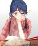  1girl blue_eyes blue_hair blush closed_mouth food gradient gradient_background hair_between_eyes hakama high_ponytail highres houshou_(kantai_collection) japanese_clothes jewelry kantai_collection kimono nuka_(nvkka) pink_kimono ponytail rice ring short_sleeves smile steam wedding_ring 