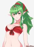  1girl arms_at_sides bare_arms bare_shoulders bikini blush breasts chiki cleavage closed_mouth collarbone eyebrows_visible_through_hair female fire_emblem fire_emblem:_kakusei fire_emblem_heroes gem green_eyes green_hair grimmelsdathird hair_between_eyes hair_ribbon headpiece highres jewelry long_hair looking_at_viewer mamkute medium_breasts midriff navel neck neck_ring nintendo pointy_ears ponytail red_bikini red_ribbon red_swimsuit ribbon ruby_(stone) simple_background smile solo swimsuit twitter_username upper_body white_background 