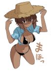  1girl bangs bikini black_bikini blue_shirt breasts brown_eyes brown_hair brown_hat character_name cleavage closed_mouth collared_shirt commentary_request cowboy_shot cropped_legs eyebrows_visible_through_hair girls_und_panzer hands_on_headwear hat highres hoshikawa_(hoshikawa_gusuku) large_breasts leaning_forward looking_at_viewer navel nishizumi_maho open_clothes open_shirt shirt short_hair short_sleeves simple_background smile solo standing straw_hat sun_hat swimsuit tan white_background 