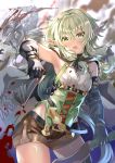 1boy 1girl arm_up armor armpits arrow artist_name asymmetrical_gloves bangs black_bow black_gloves blood blush bow bow_(weapon) cape dagger elbow_gloves elf eyebrows_visible_through_hair full_armor gloves goblin goblin_slayer goblin_slayer! green_eyes green_hair hair_between_eyes hair_bow helmet high_elf_archer_(goblin_slayer!) holding holding_bow_(weapon) holding_weapon long_hair looking_at_viewer mismatched_gloves navel open_mouth pointy_ears quiver sheath sheathed shorts sidelocks sleeveless sword upper_teeth weapon xephonia 
