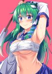  1girl arm_up armpits bandage bangs bare_shoulders blue_eyes blue_skirt blush breasts commentary_request detached_sleeves e.o. eyebrows_visible_through_hair frog_hair_ornament green_hair hair_between_eyes hair_ornament hair_tubes holding kochiya_sanae large_breasts long_hair long_sleeves looking_at_viewer navel pink_background sarashi sidelocks simple_background skirt smile snake_hair_ornament solo stomach sweat touhou upper_body wide_sleeves 
