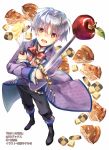 1boy :d apple apple_pie batter black_footwear black_pants boots bow brown_eyes checkerboard_cookie cookie food fruit full_body glint highres holding holding_sword holding_weapon jacket official_art okashina_tensei open_mouth pants purple_jacket red_bow red_neckwear shuri_yasuyuki silver_hair smile solo standing sword weapon whisk white_background 